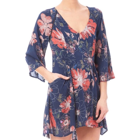 Free People All Eyes On You Navy Blue & Pink Floral Mini Dress - Picture 3 of 5